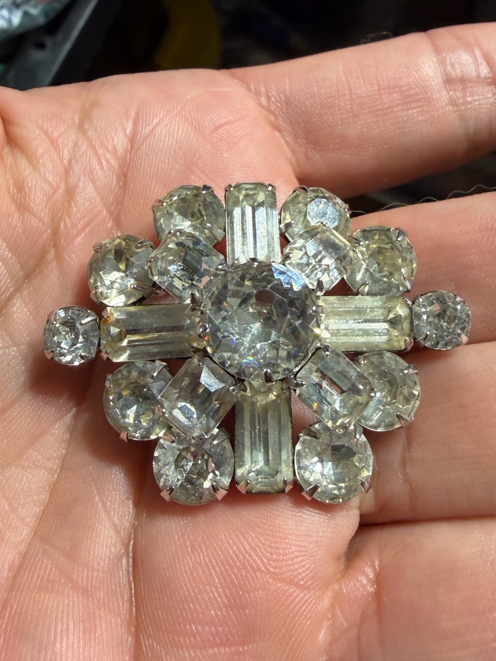 Vintage Kramer Silver Tone Clear Crystal Floral Brooch